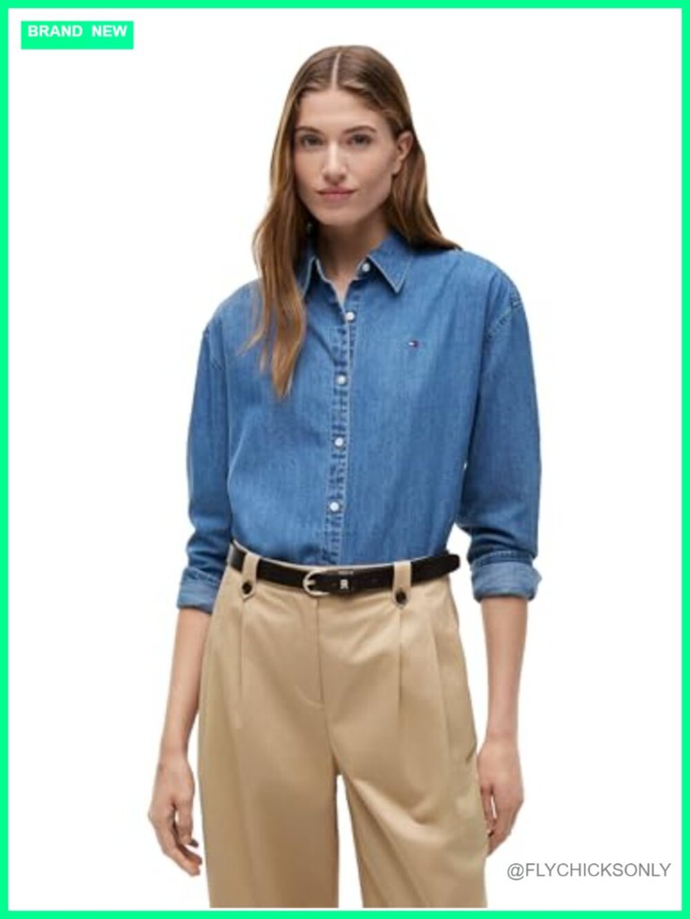 Women's Long Sleeve Denim Button Down Shirt Boxy Fit 100% Cotton